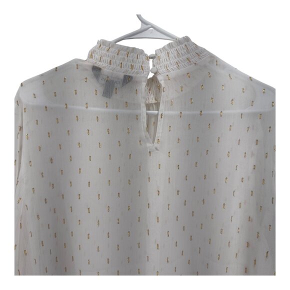 Express White & Gold Swiss Dot Blouse Shirred Mock Neck & Elastic Cuffs SZ XL - Picture 13 of 13